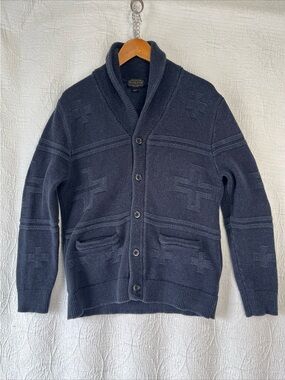 Pendleton Cross Motif Cardigan Sweater Mens Medium Blue Shawl Collar Cotton Cozy
